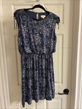 LOFT Blue Floral Midi Dress with Drawstring Shoulders